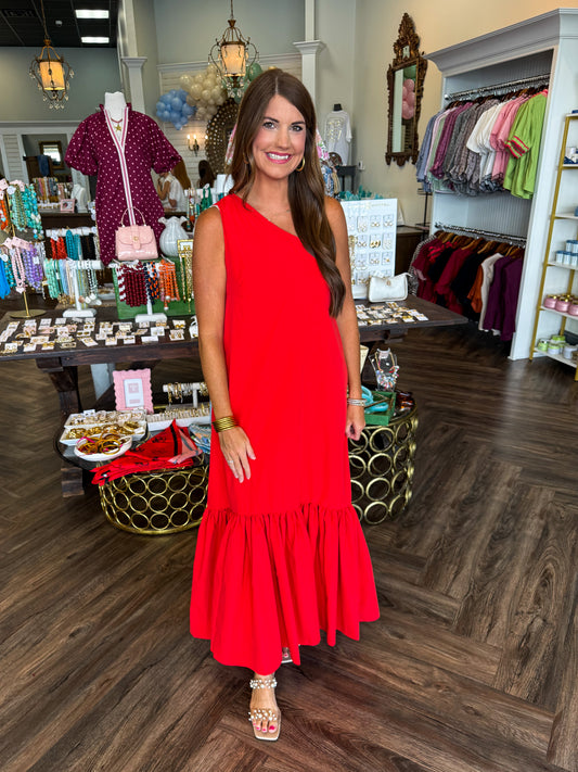 Red One Shoulder Maxi Dress