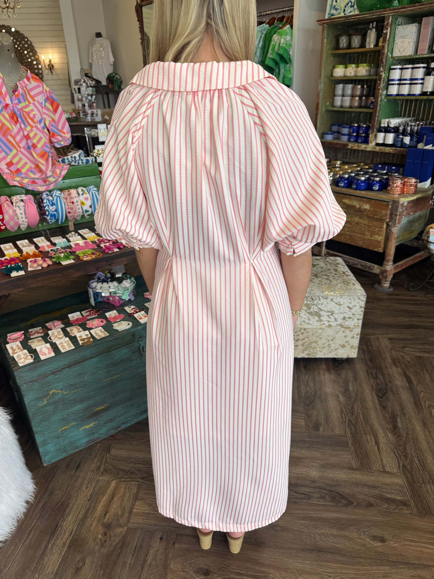 Classic Striped Midi Dress: Pink