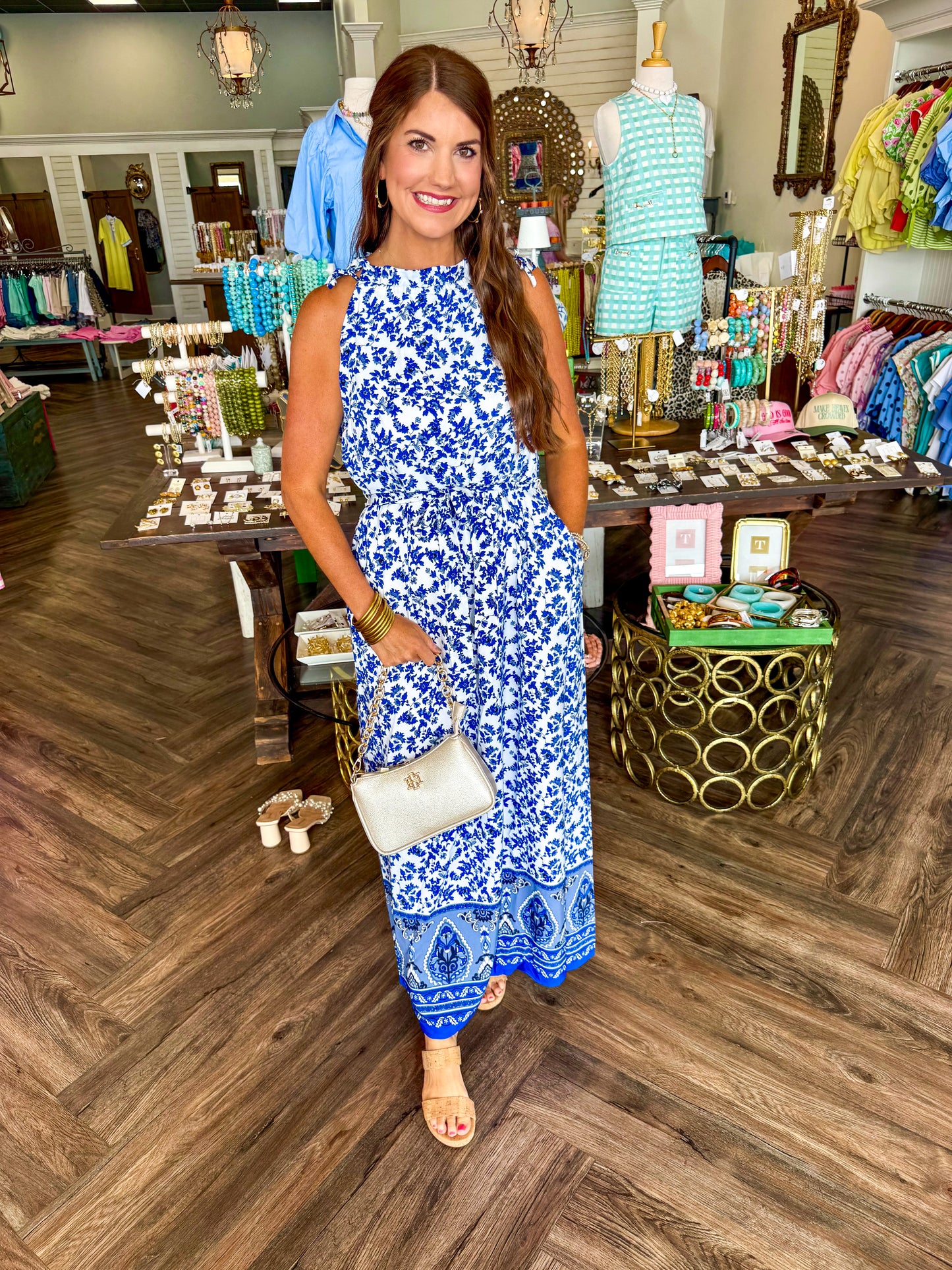 Tara Hills Halter Neck Maxi Dress: Blue/White