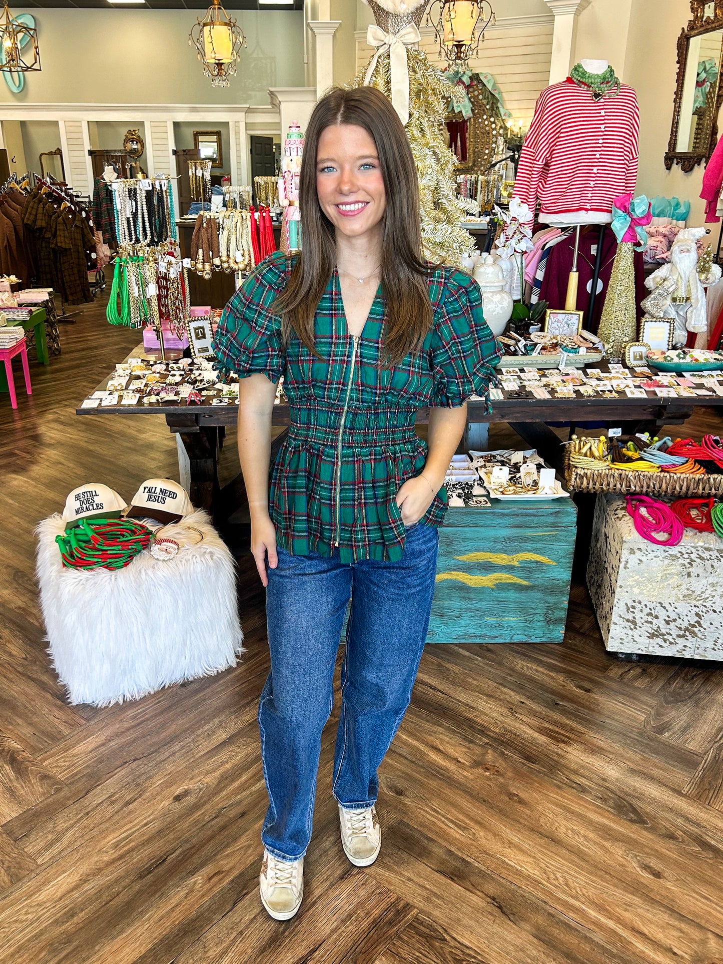 Flannel Plaid Zip Top: Green