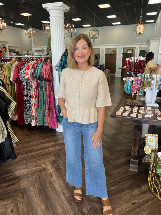 Button Peplum Sweater Top: Taupe