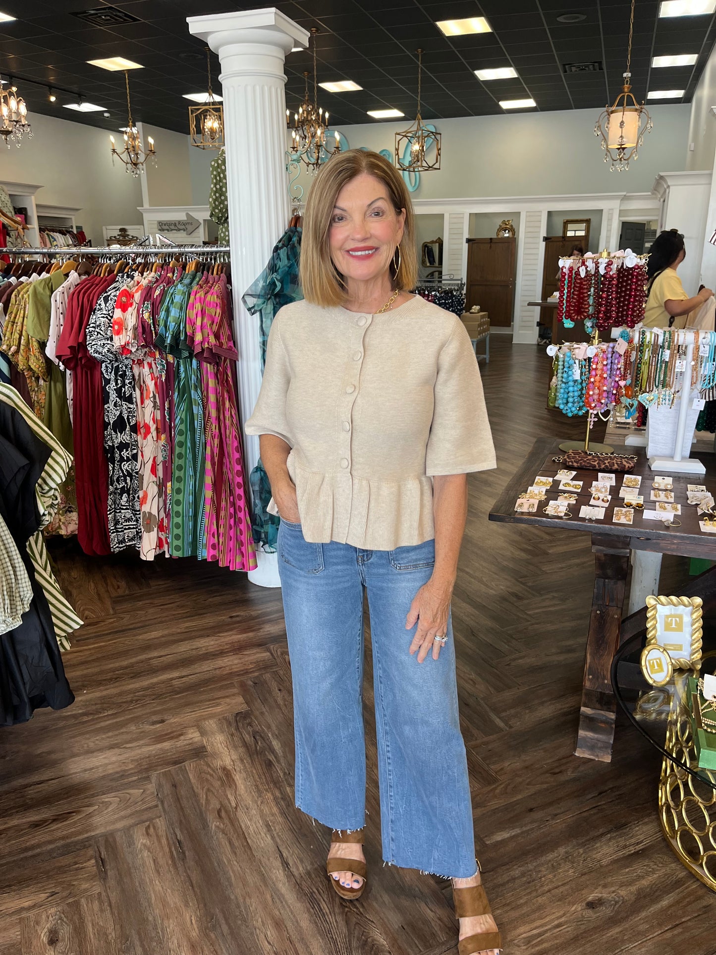 Button Peplum Sweater Top: Taupe