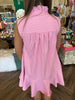 Ruffle Neck Pink Striped Mini Dress