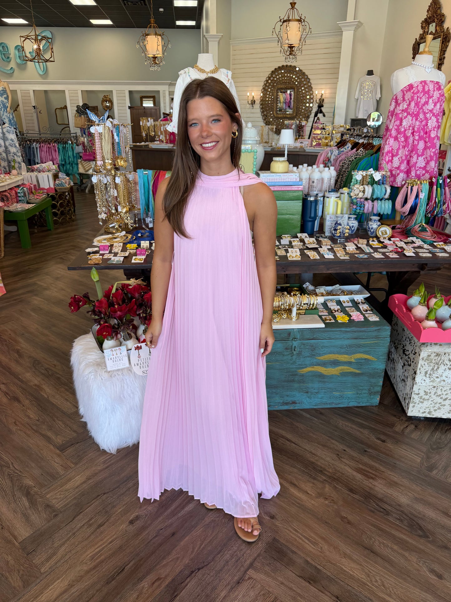 Pleated Halter Midi Dress: Pink