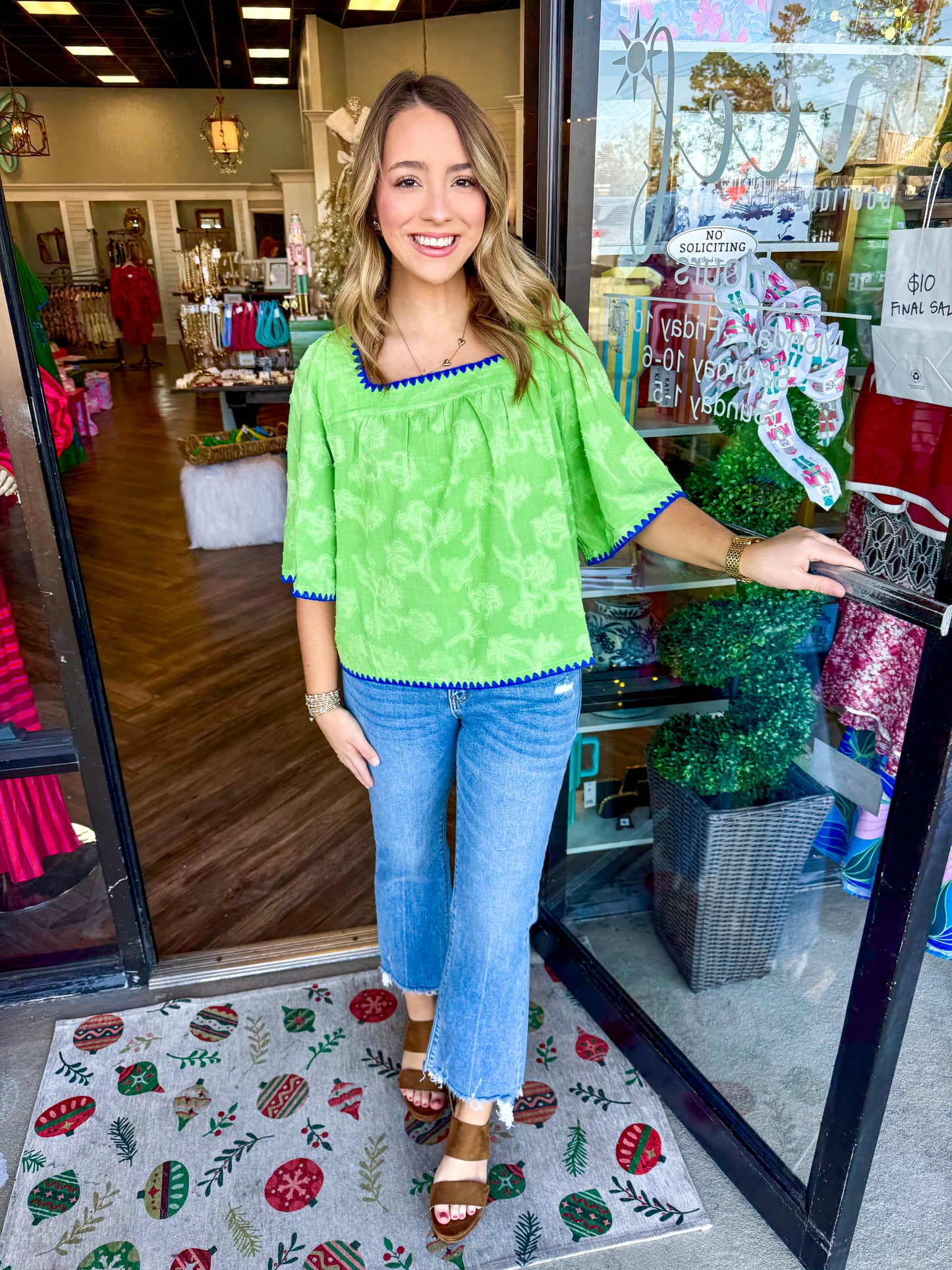 Green Contrast Embroidery Top