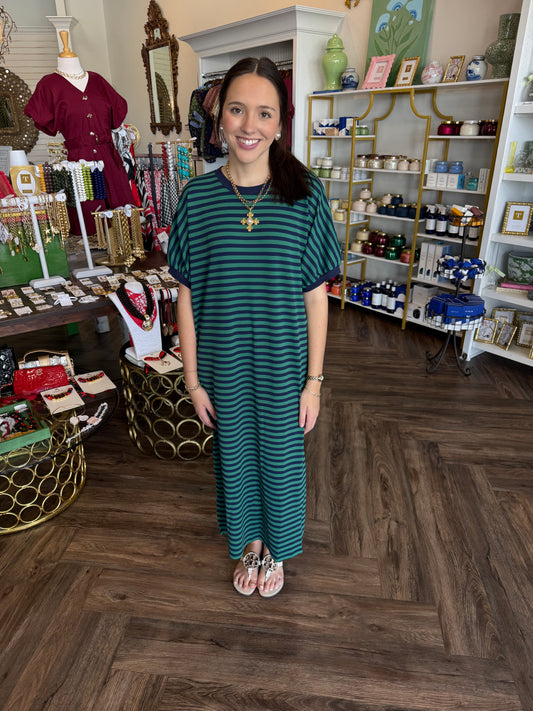 Cozy Days Striped Midi Dress: Navy