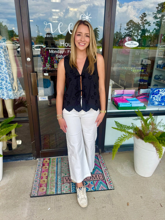 Floral Tie Applique Top: Black