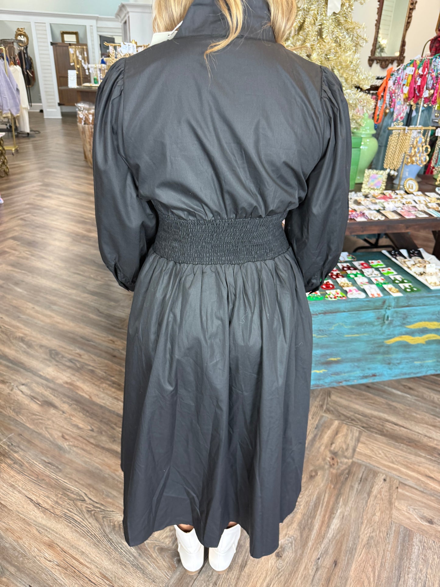 Black Zip 3/4 Sleeve Midi Dress