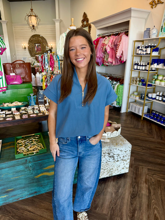 Zip Collar Top: Dusty Blue