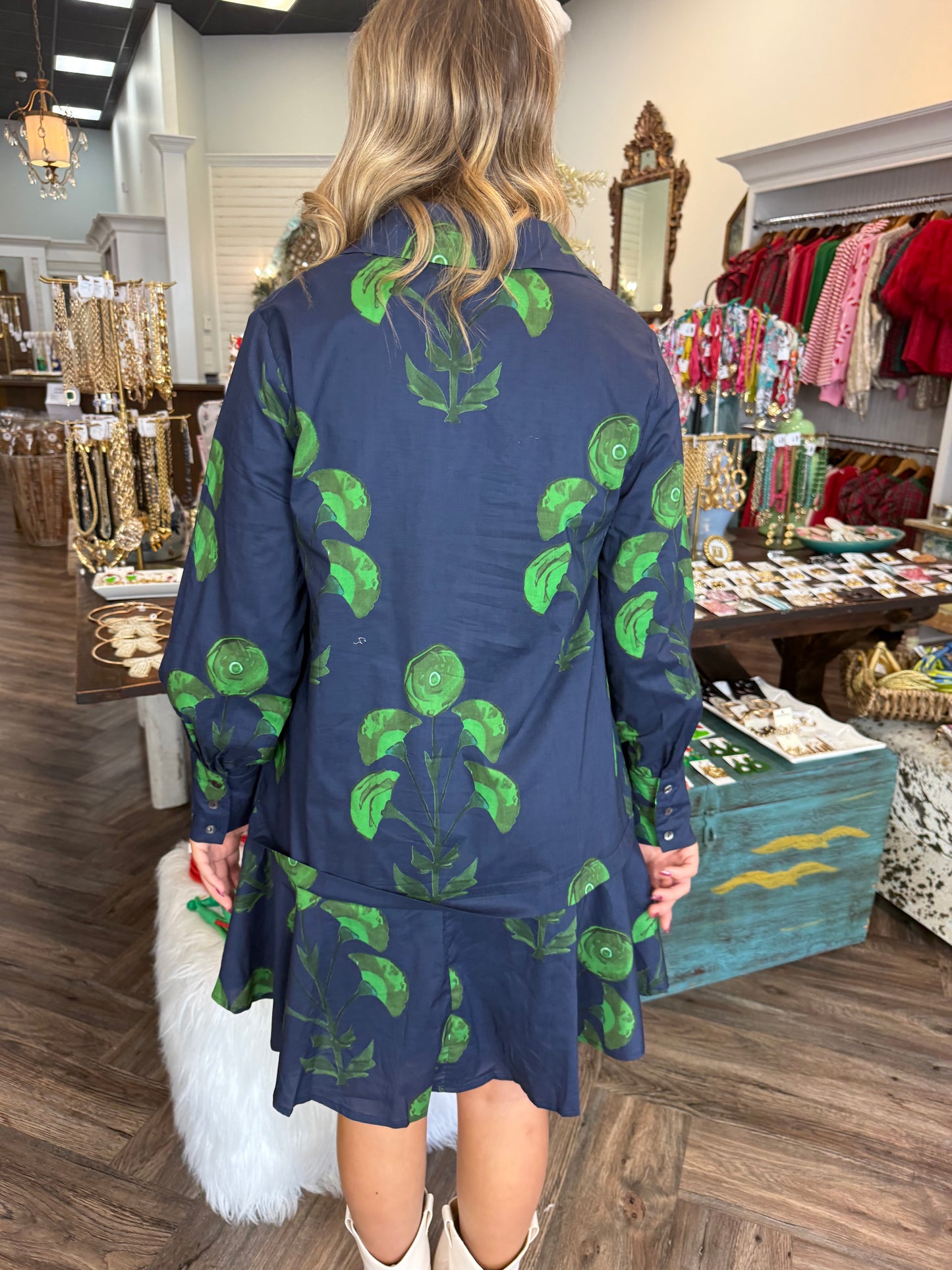 Navy and Green Floral Dress