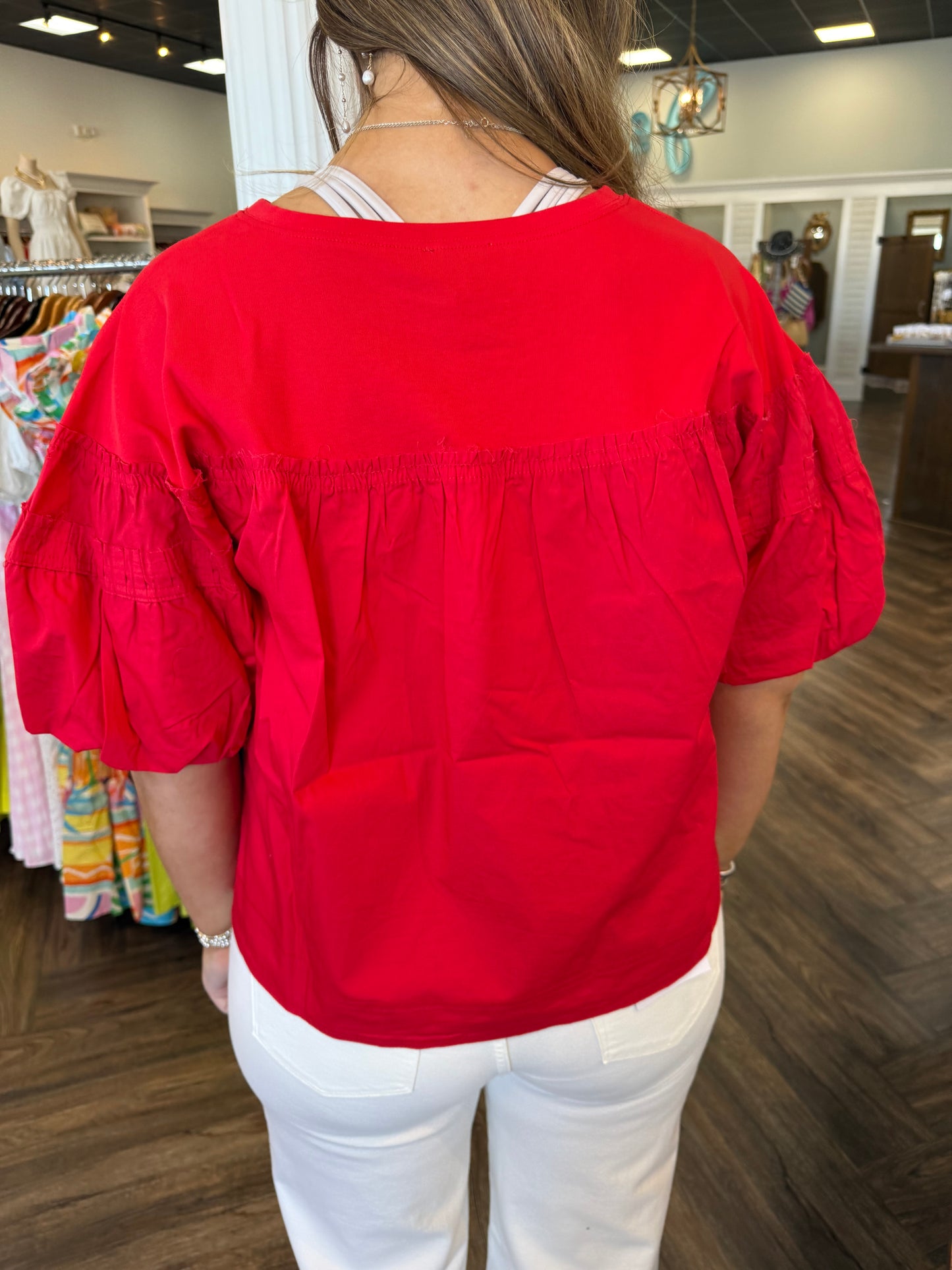 Pleated Puff Sleeve Top: Red