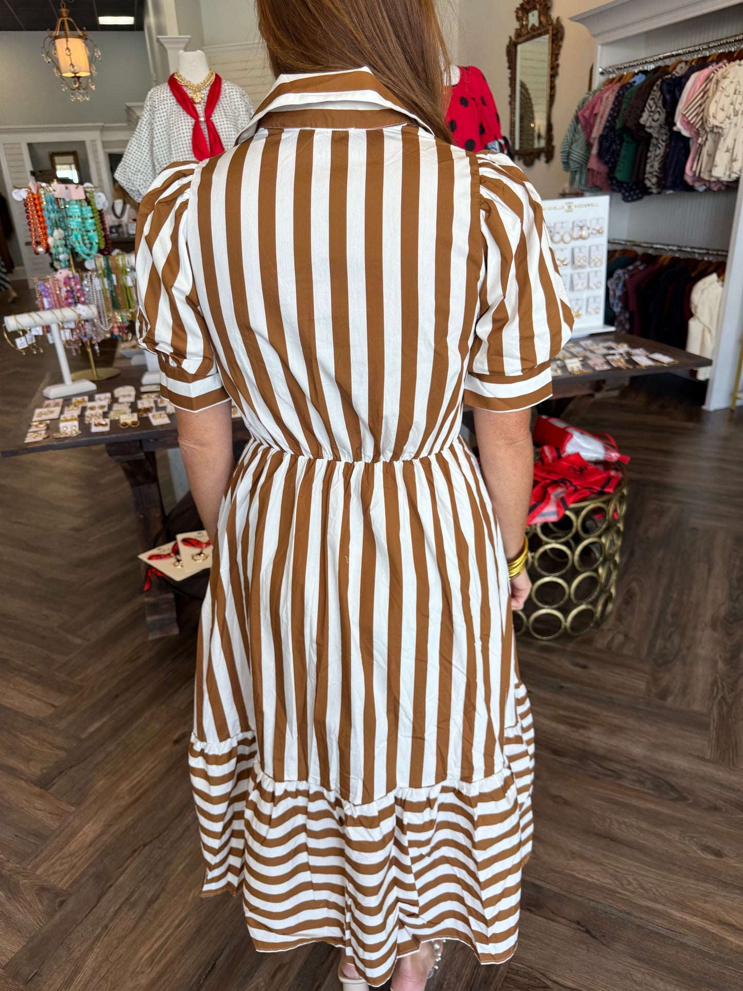 Cream/Camel Tie Bow Midi Dress