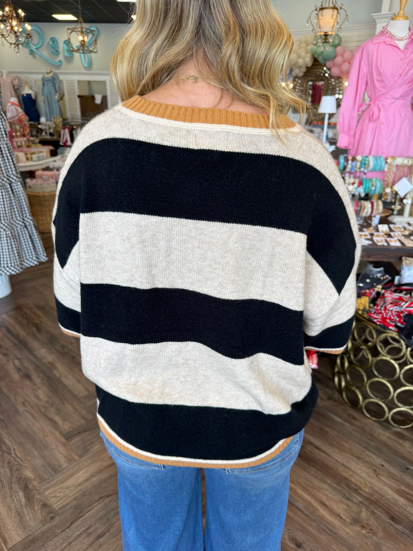 Black and Beige Striped Sweater Top
