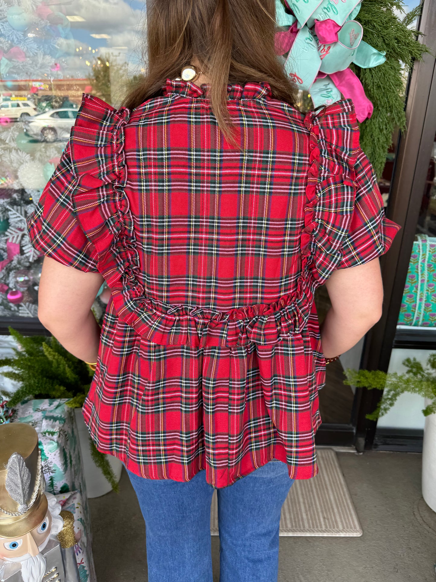 Xmas Plaid Peplum Top: Red