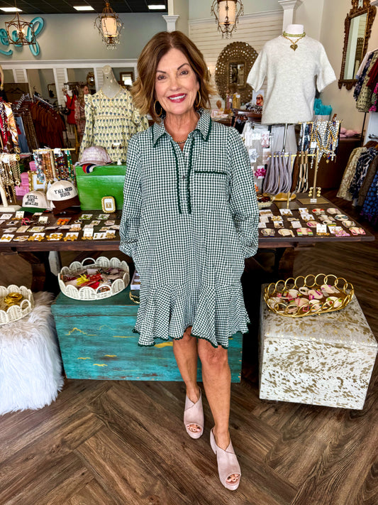 Emerald Gingham Ric Rac Mini Dress