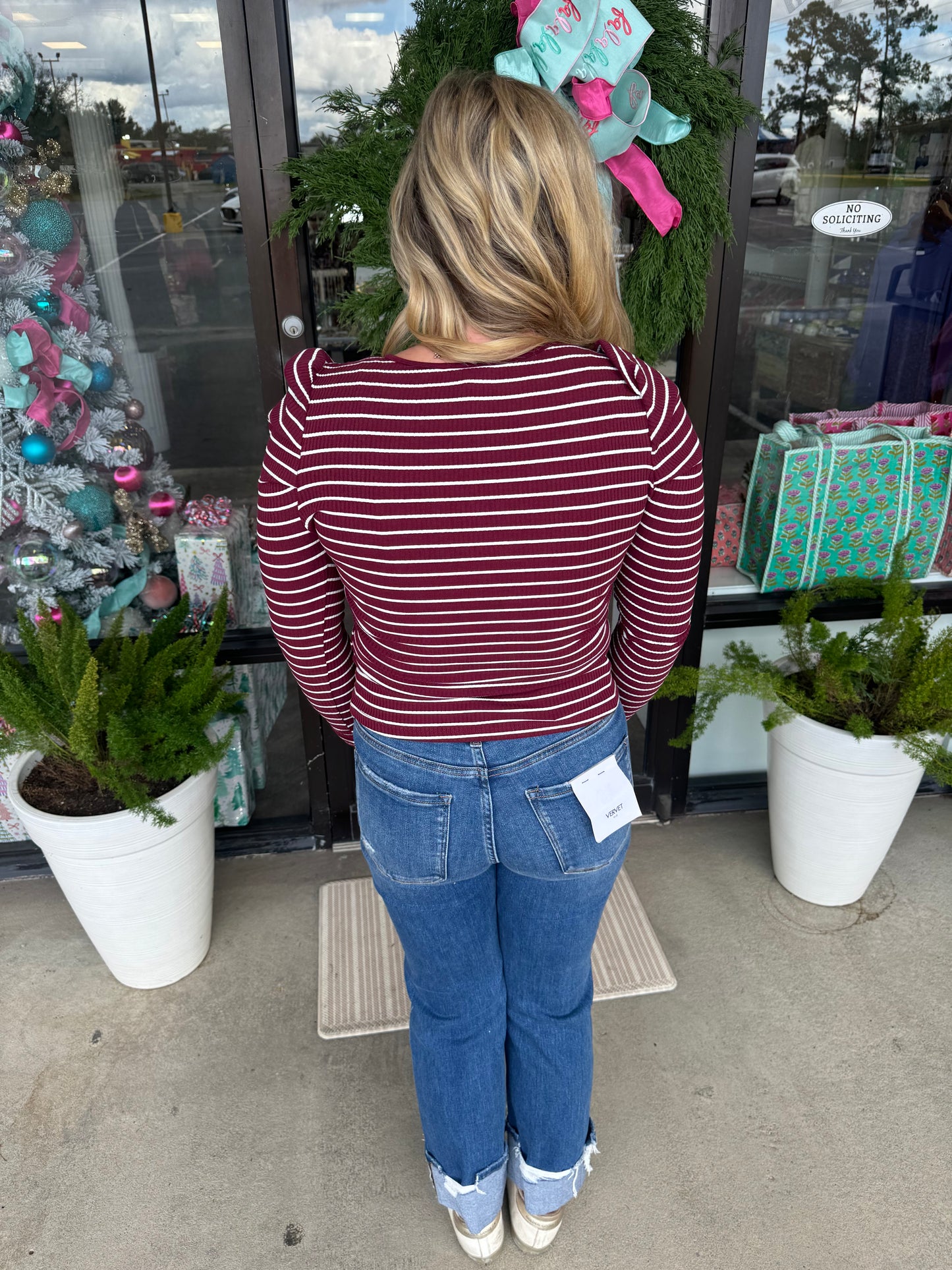 Maroon Striped Tie Long Sleeve Top