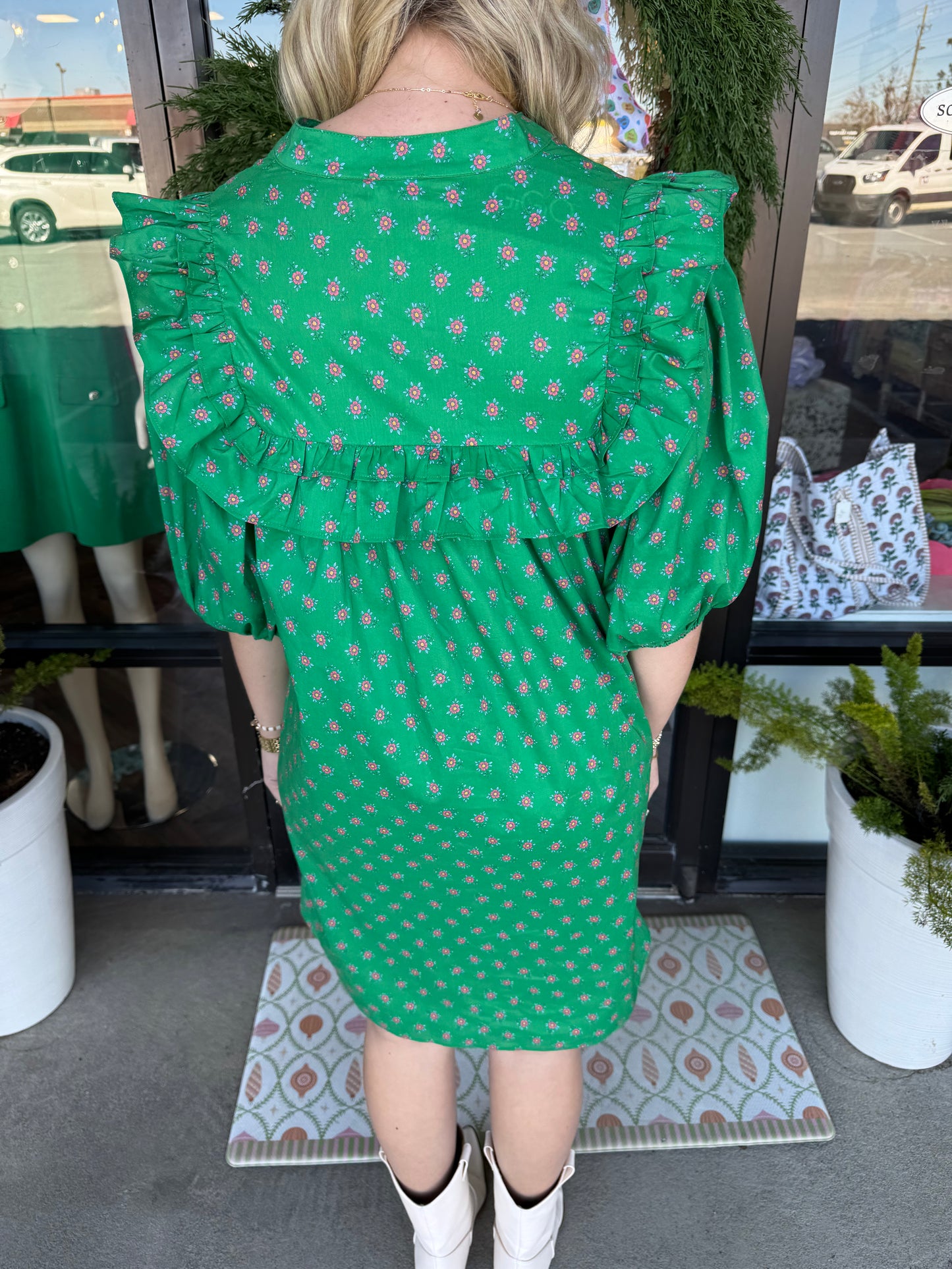 Petal Palmer Puff Sleeve Dress: Green