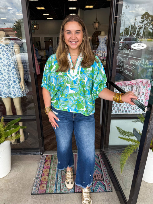 Blue Green Watercolor Floral Blouse