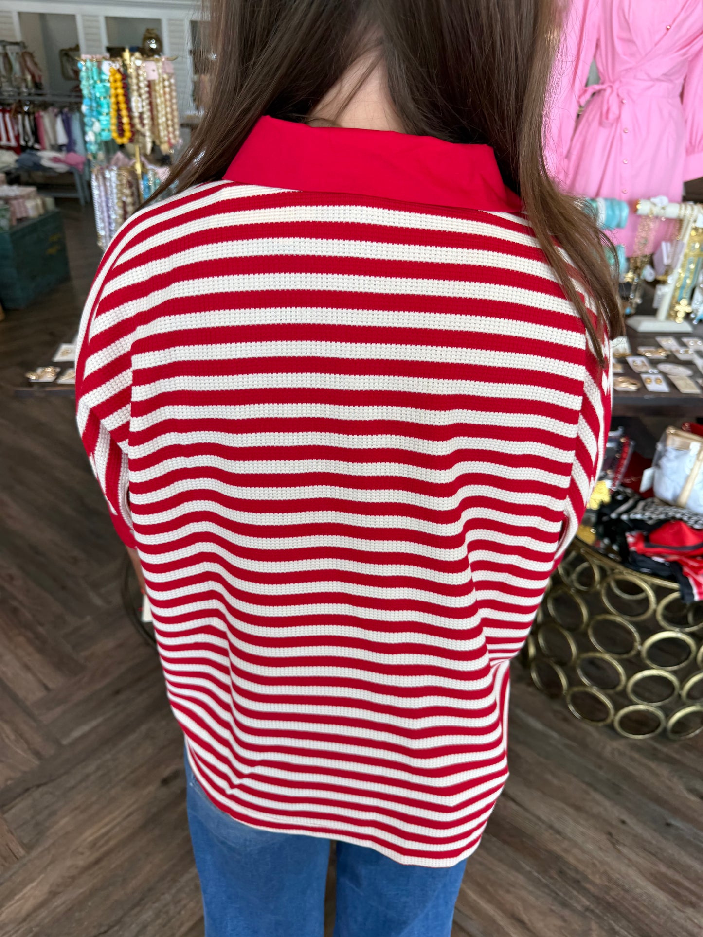Collar Red and White Striped Top