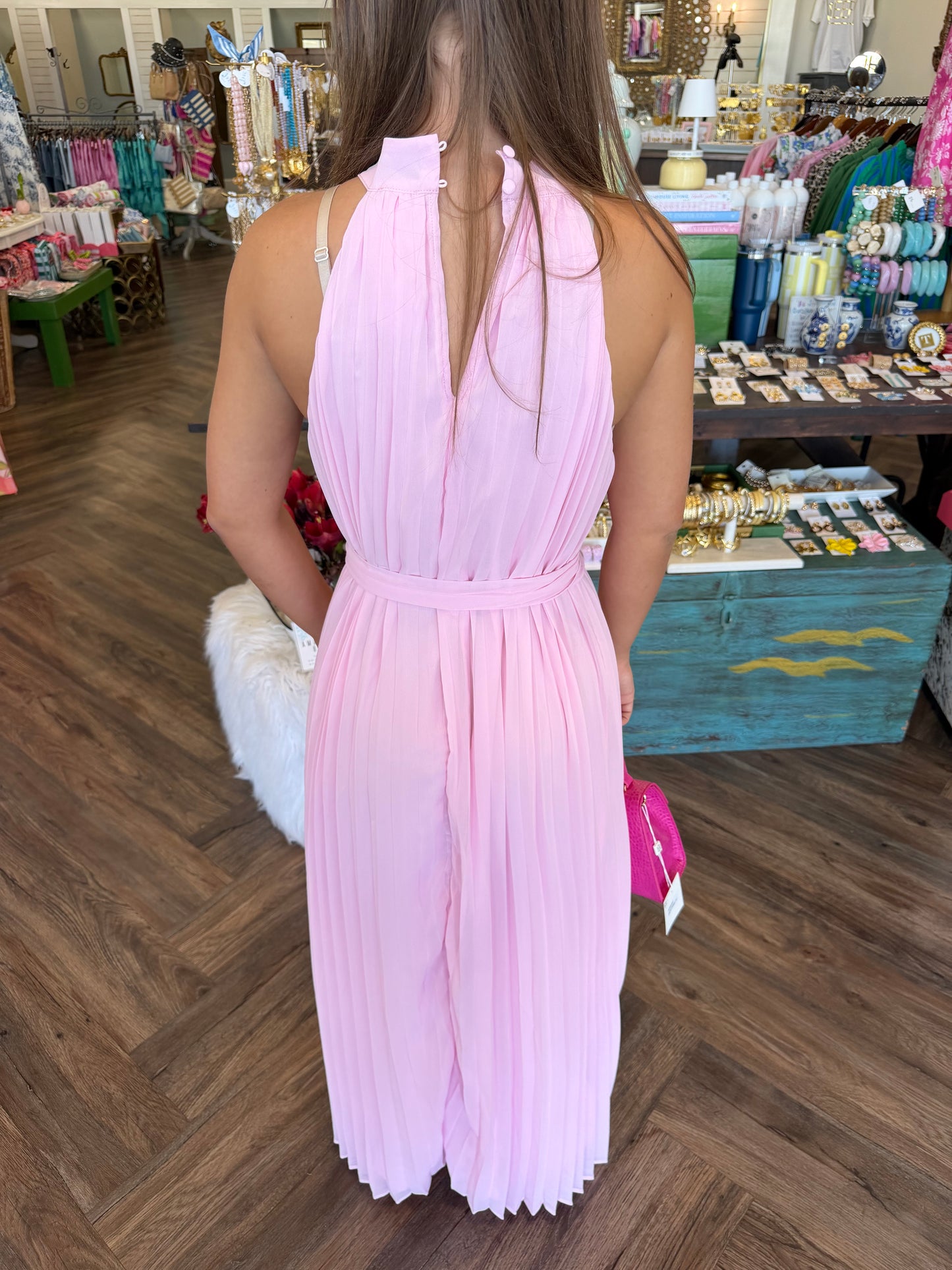 Pleated Halter Midi Dress: Pink