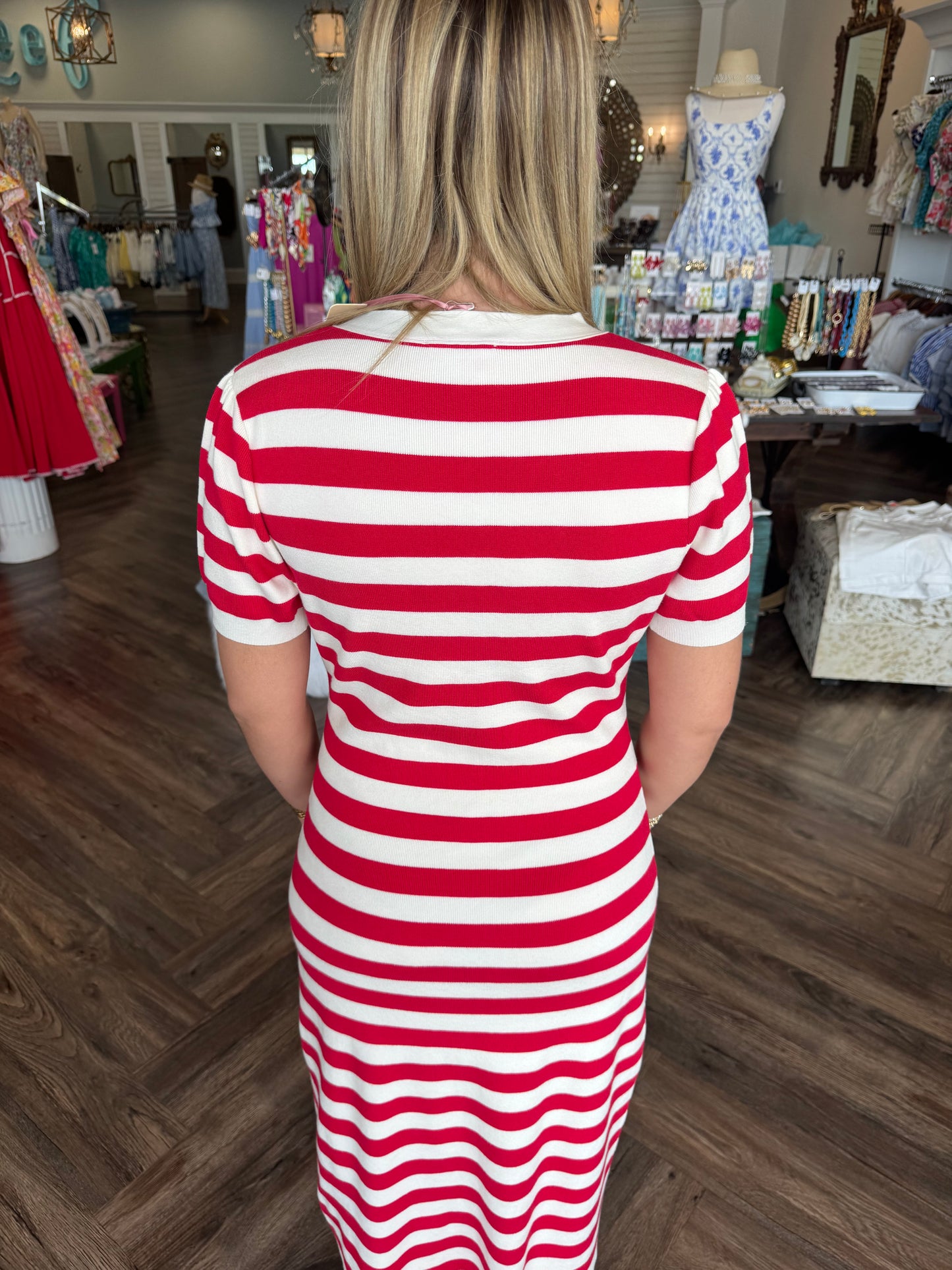 Gold Button Red Knit Dress