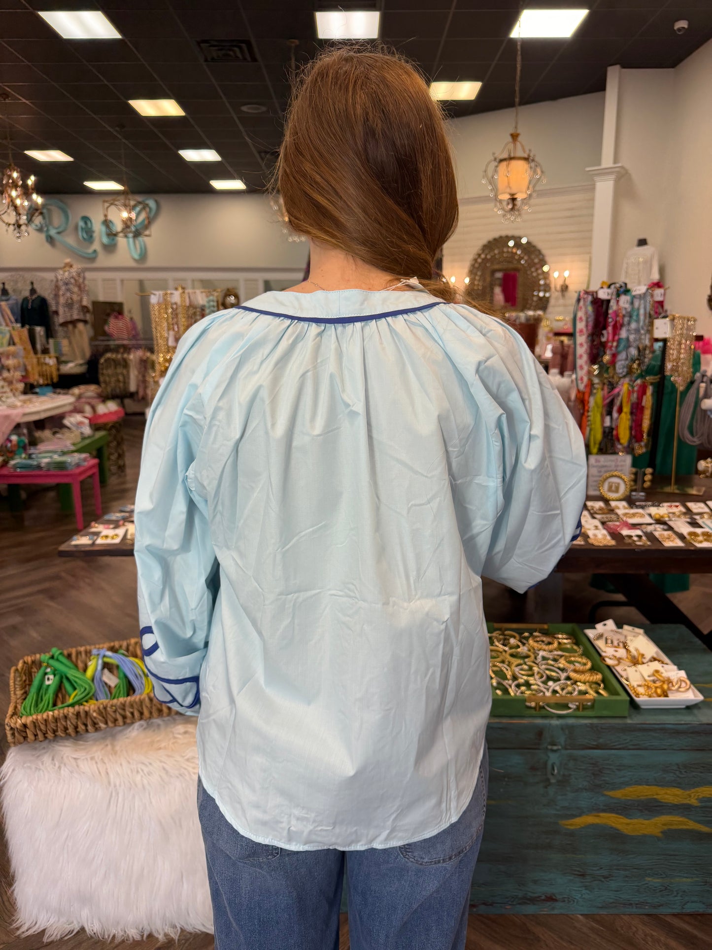 Contrast Detail Puff Sleeve Blouse: Blue