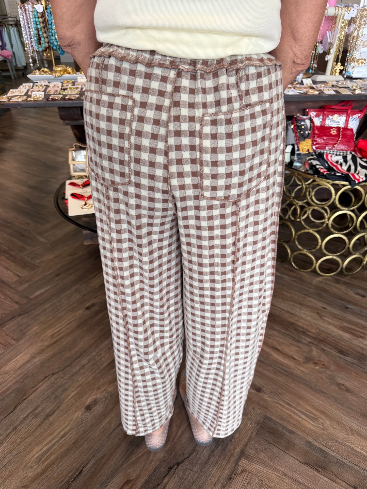 Brushed Check Barrel Knit Pants: Mocha