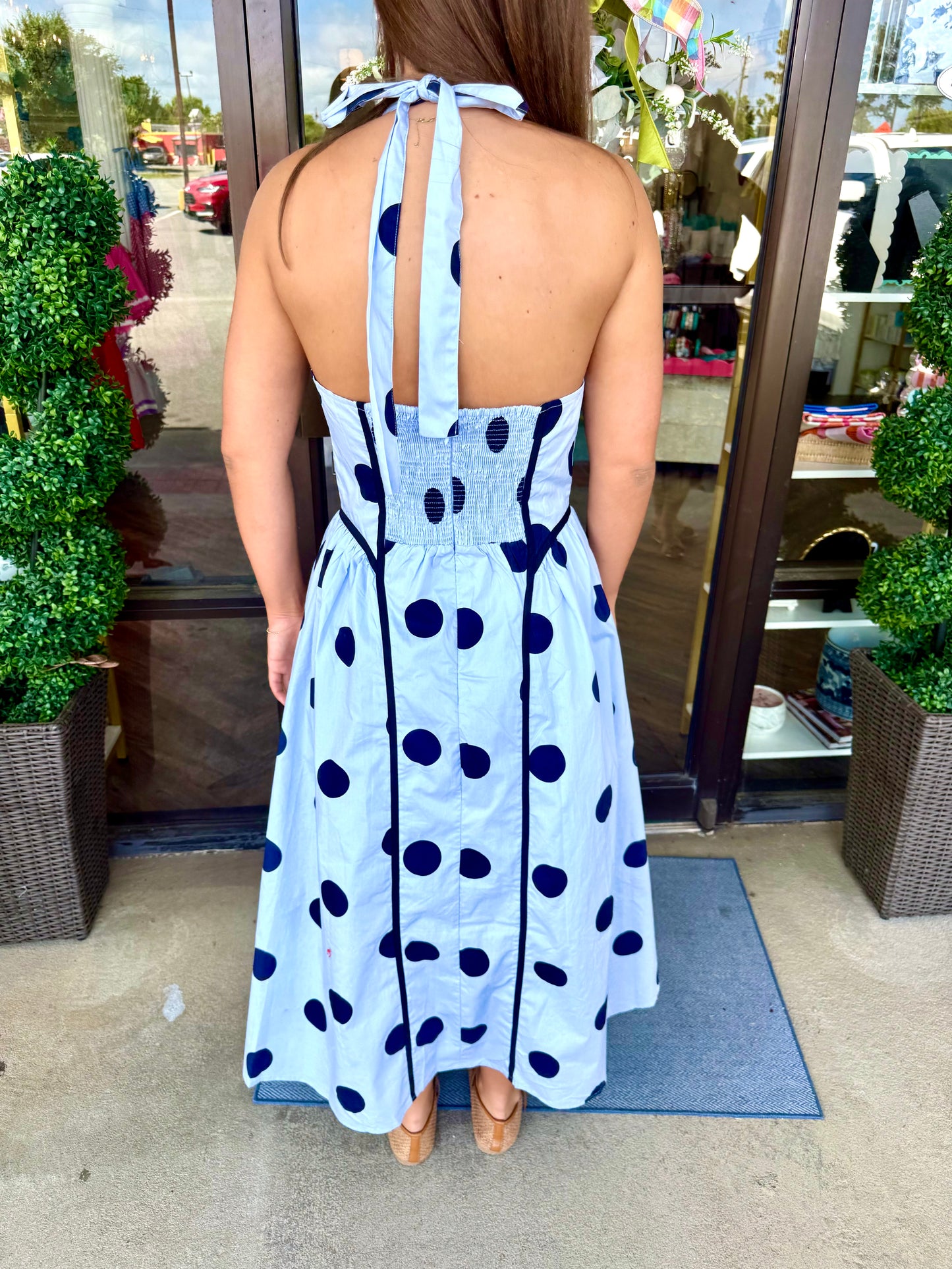 Navy Polka Dot Halter Midi Dress