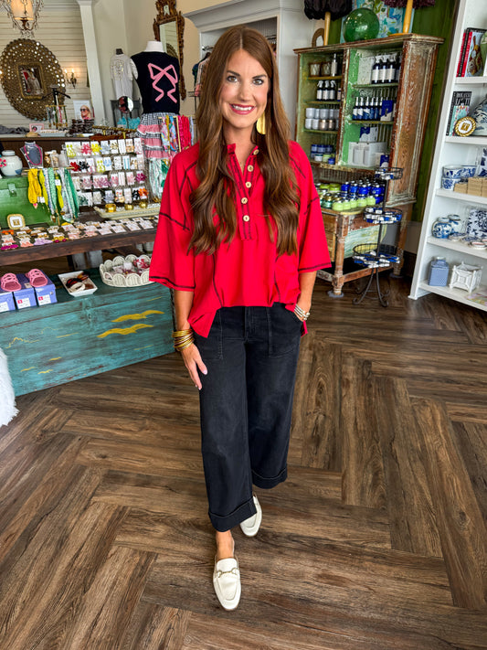 Relaxed Button Henley Tee: Red