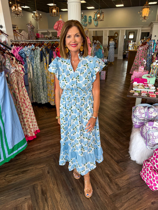 Blue Hydrangea Midi Dress