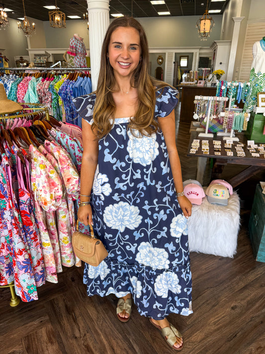 Navy Hydrangea Midi Dress