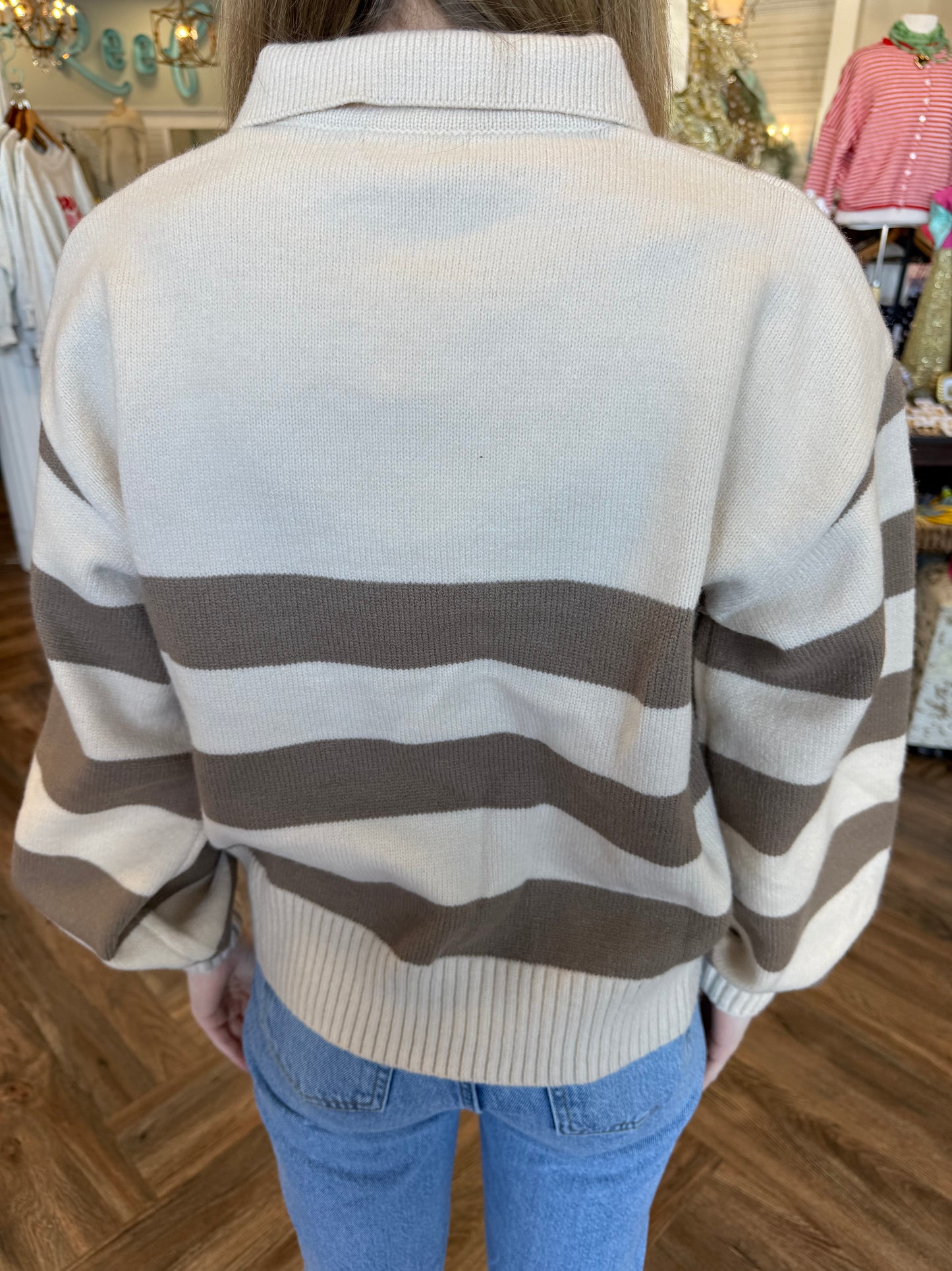Anna Button Stripe Sweater: Taupe