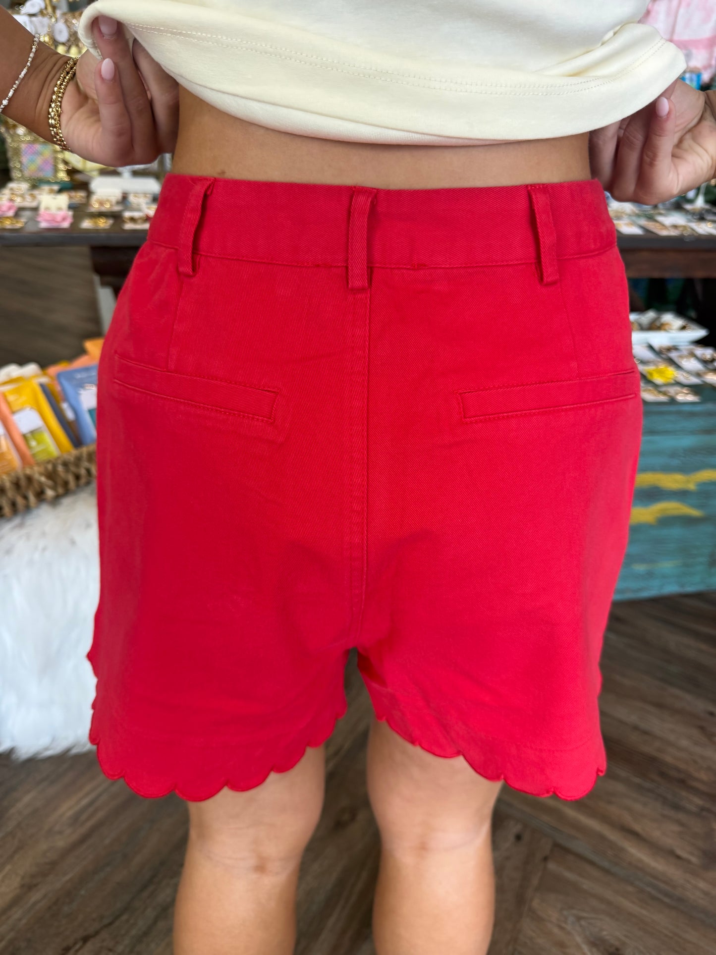 Scalloped Pocket Shorts: Red