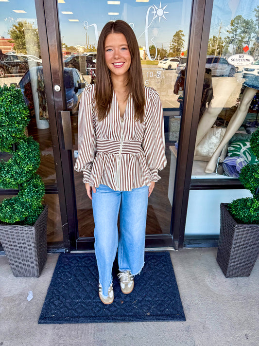 Classic Zip Peplum Top: Caramel