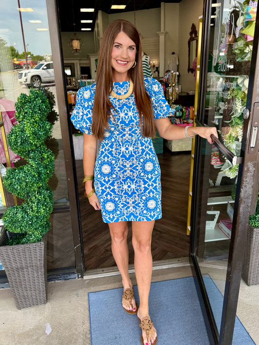 Blue/White Design Puff Sleeve Dress
