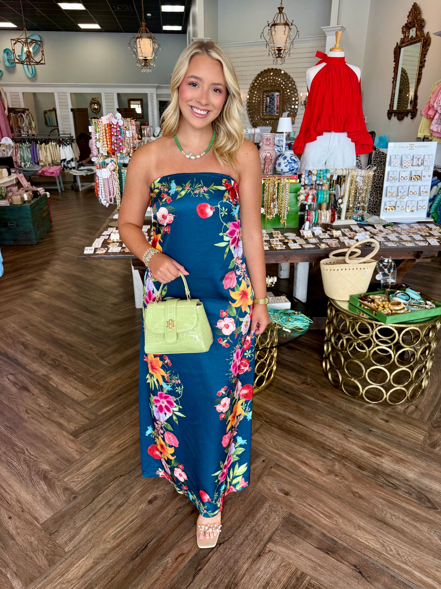 Strapless Botanical Satin Dress