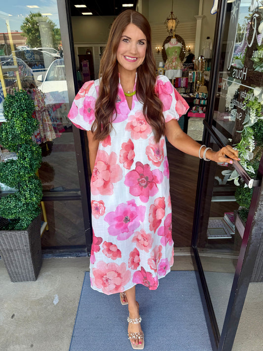 Watercolor Pink Petal Midi Dress
