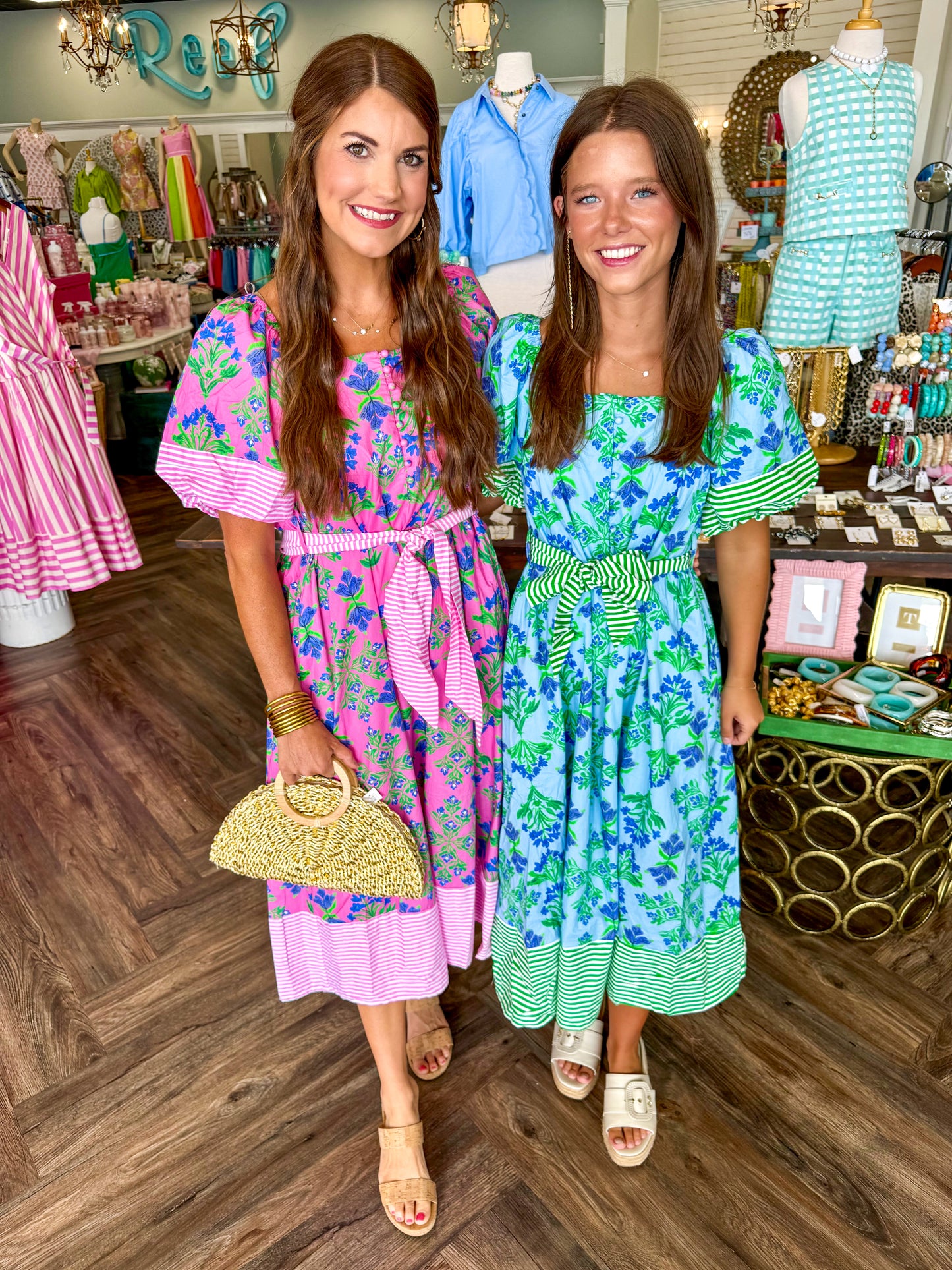 Floral Striped Belted Midi Dress: Blue