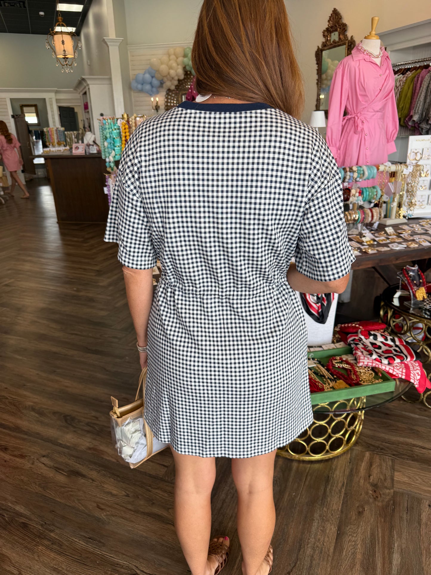 Gingham Drawstring Dress: Navy