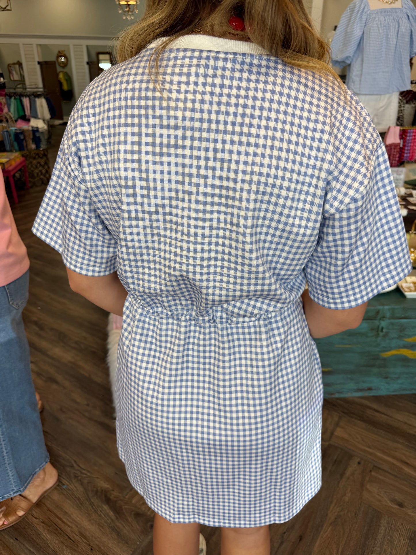 Blue Gingham Drawstring Dress