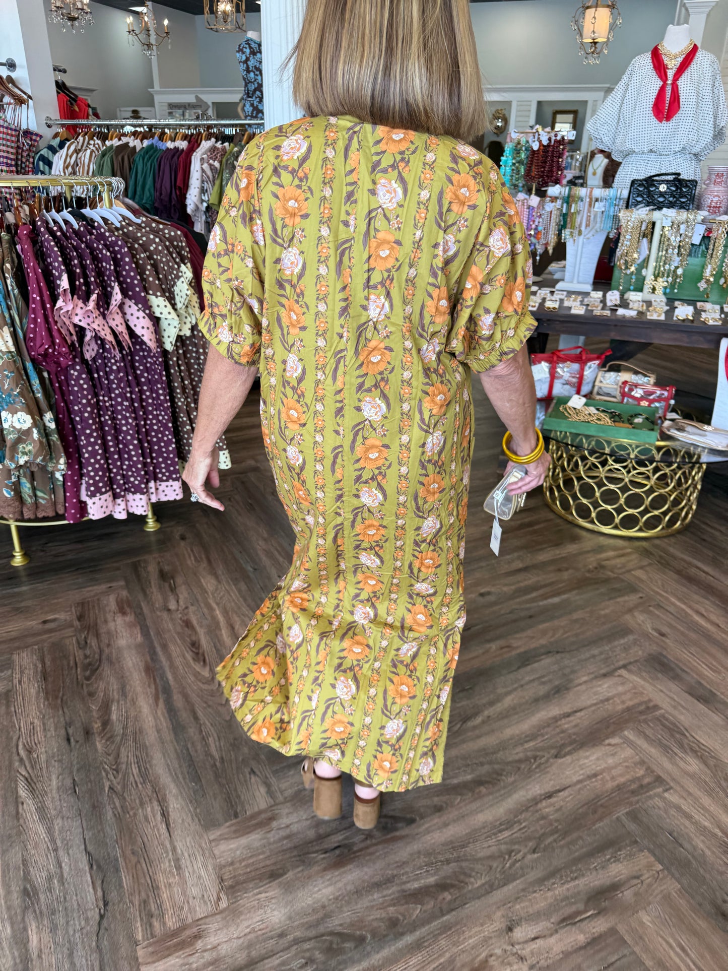 Golden Olive Blooms Midi Dress