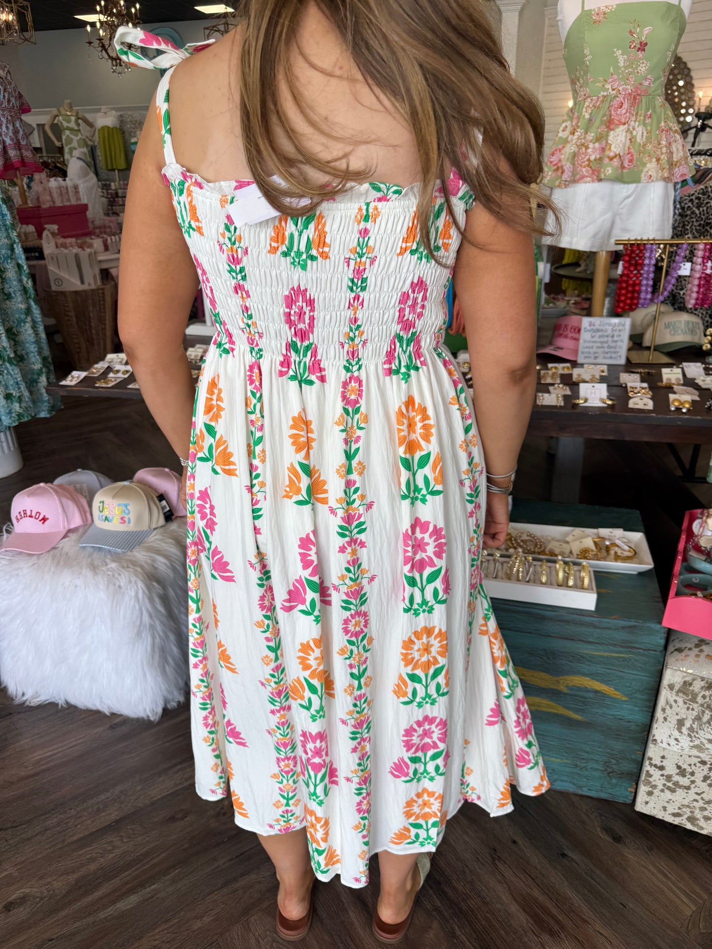 Smock Tie Meadow Midi Dress