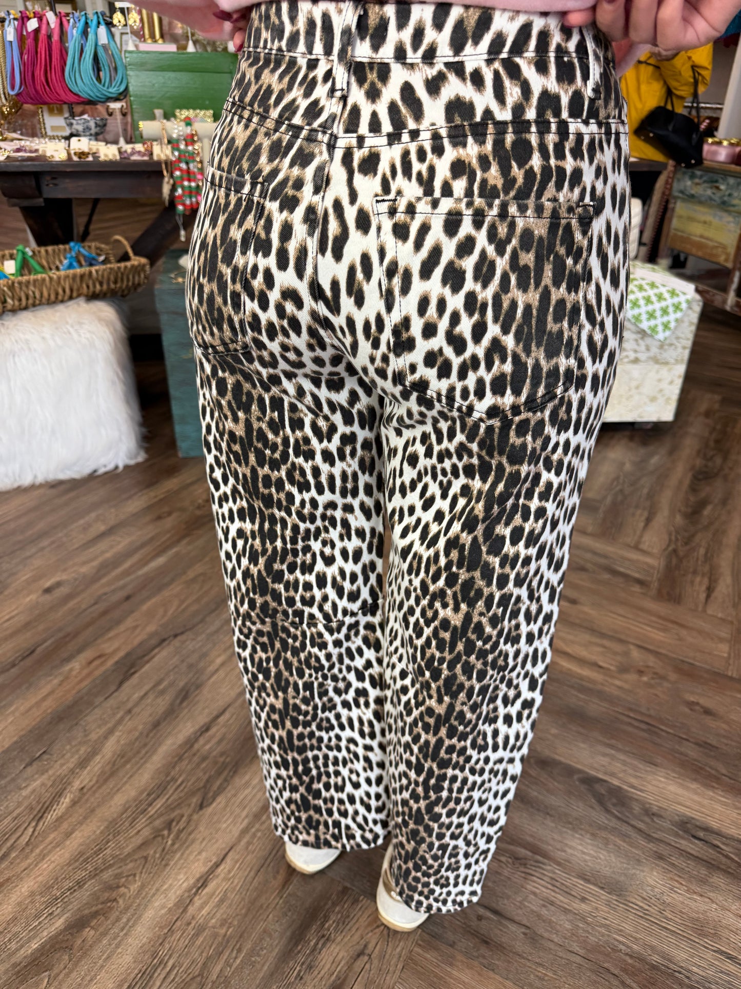 Cream Leopard Barrel Jeans