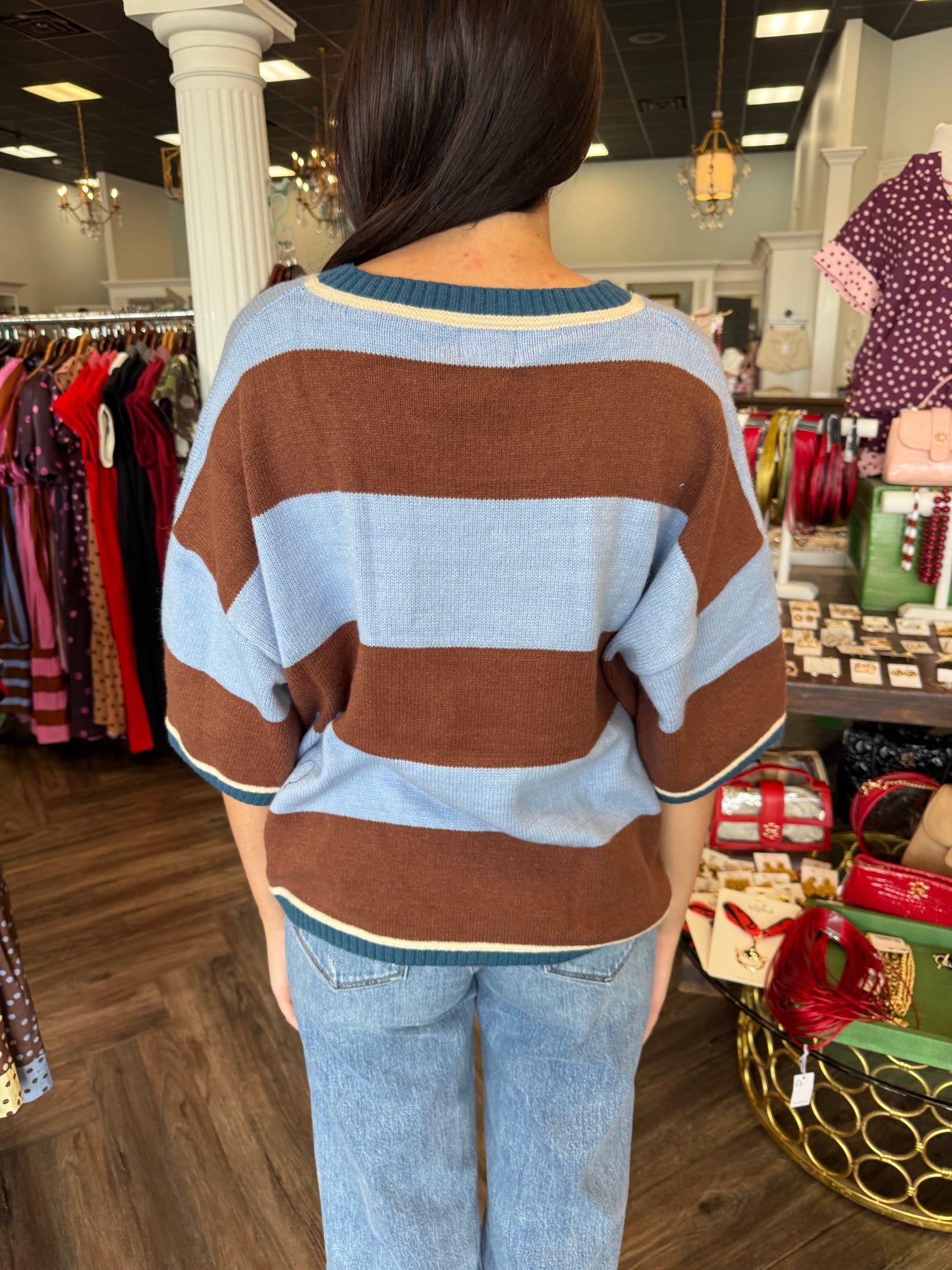 Brown and Blue Striped Sweater Top