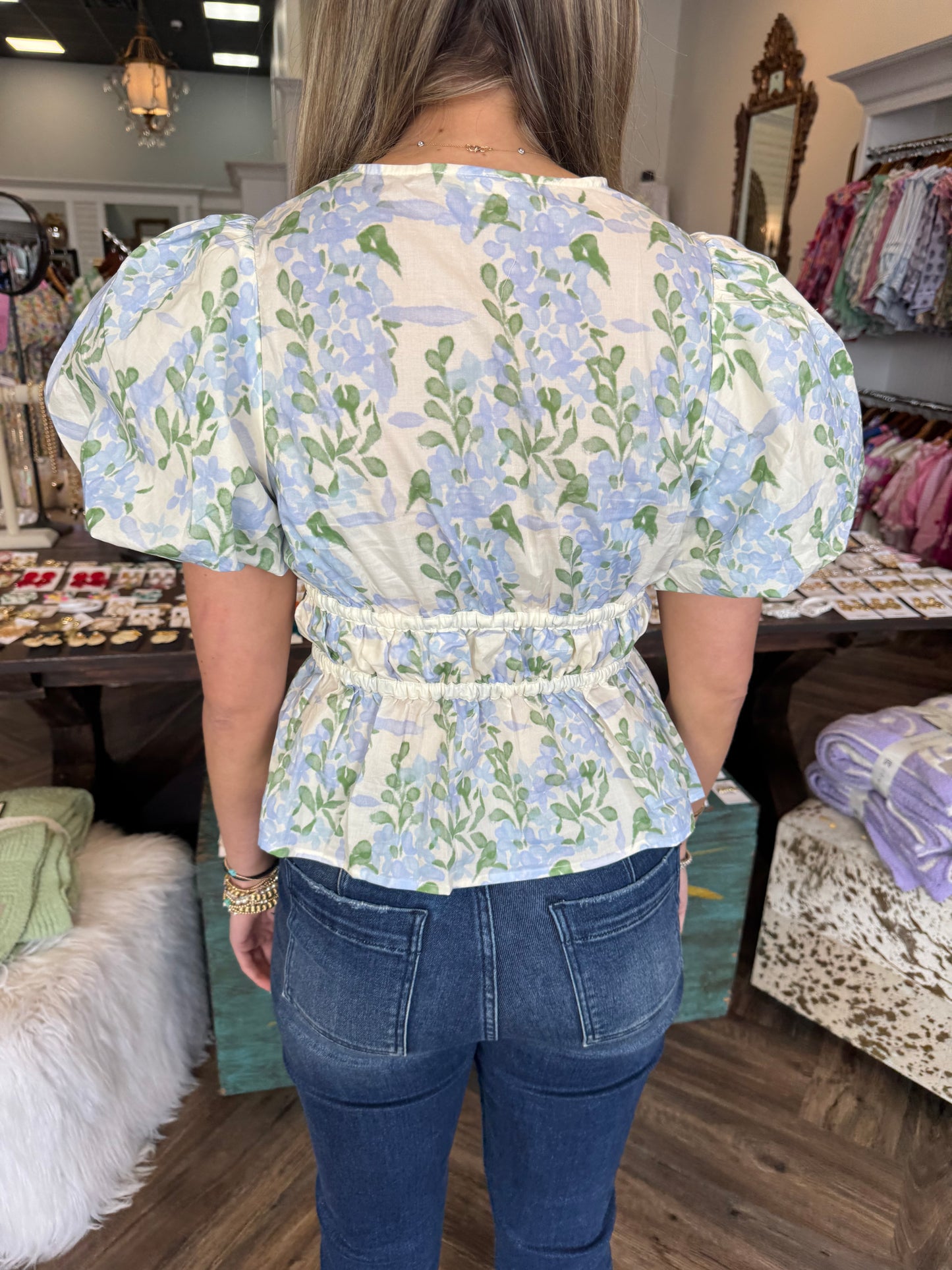 Triple Bow Blue Flower Top