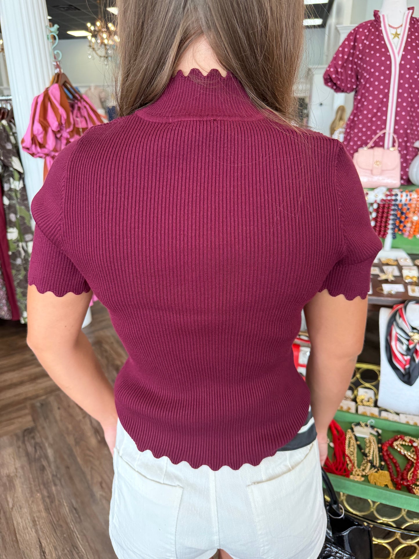 Scalloped Knit Sweater Tops: Maroon