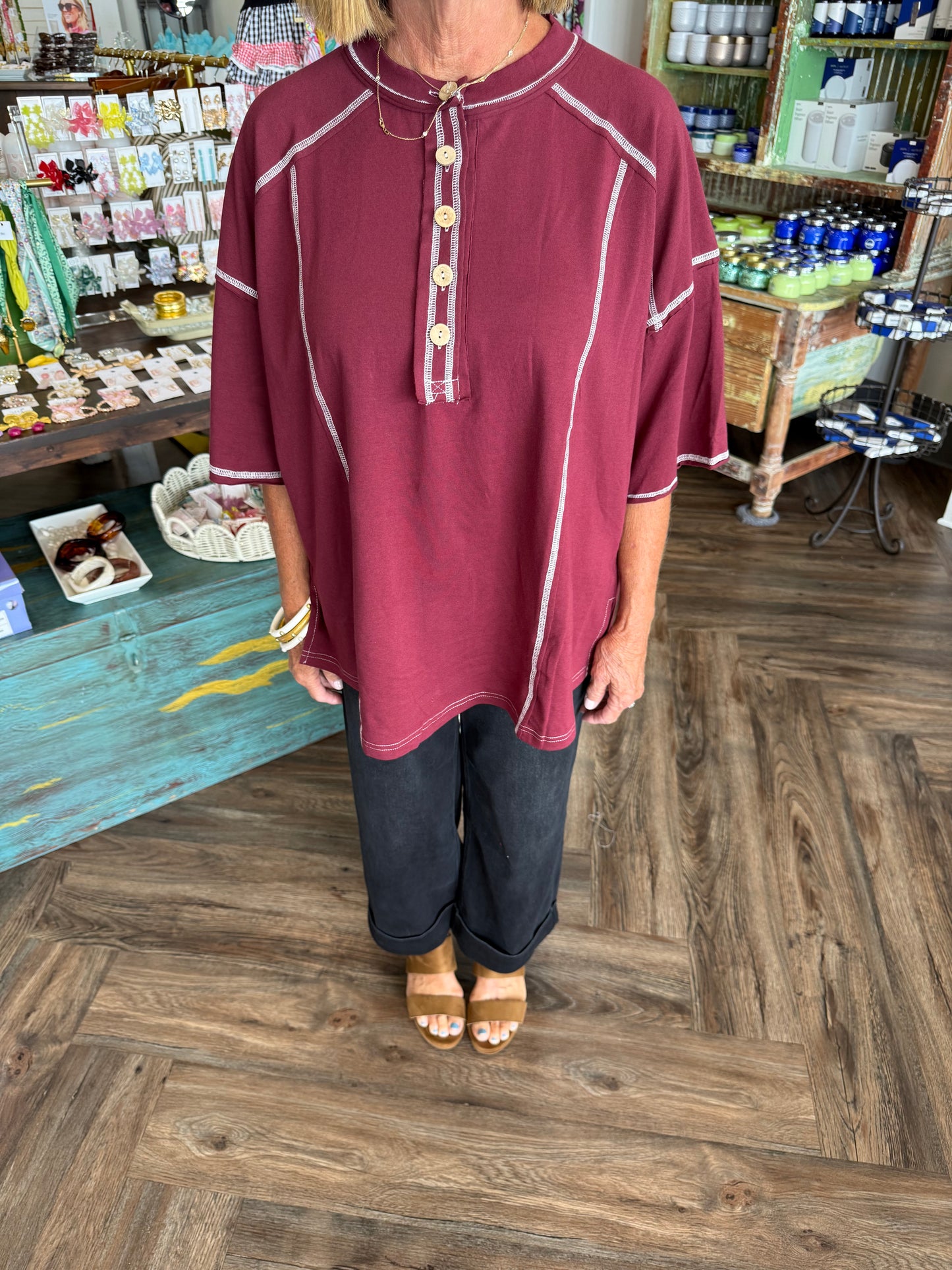 Relaxed Button Henley Top: Burgandy