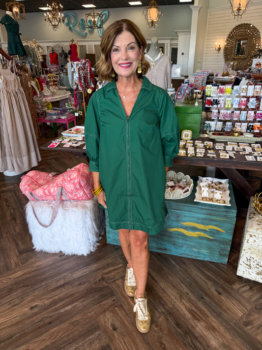 Forest Exposed Stitch Zip-Up Dress