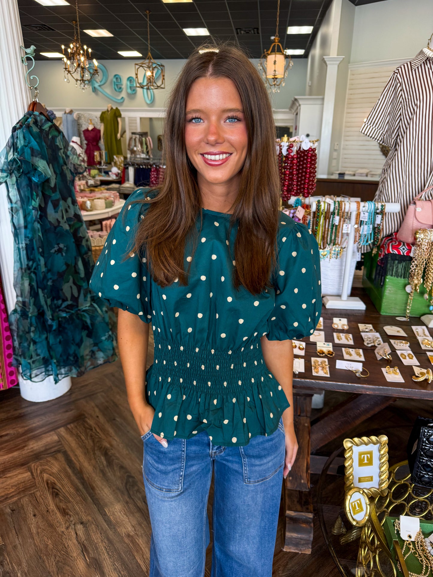 Peplum Polka Dot Top: Teal