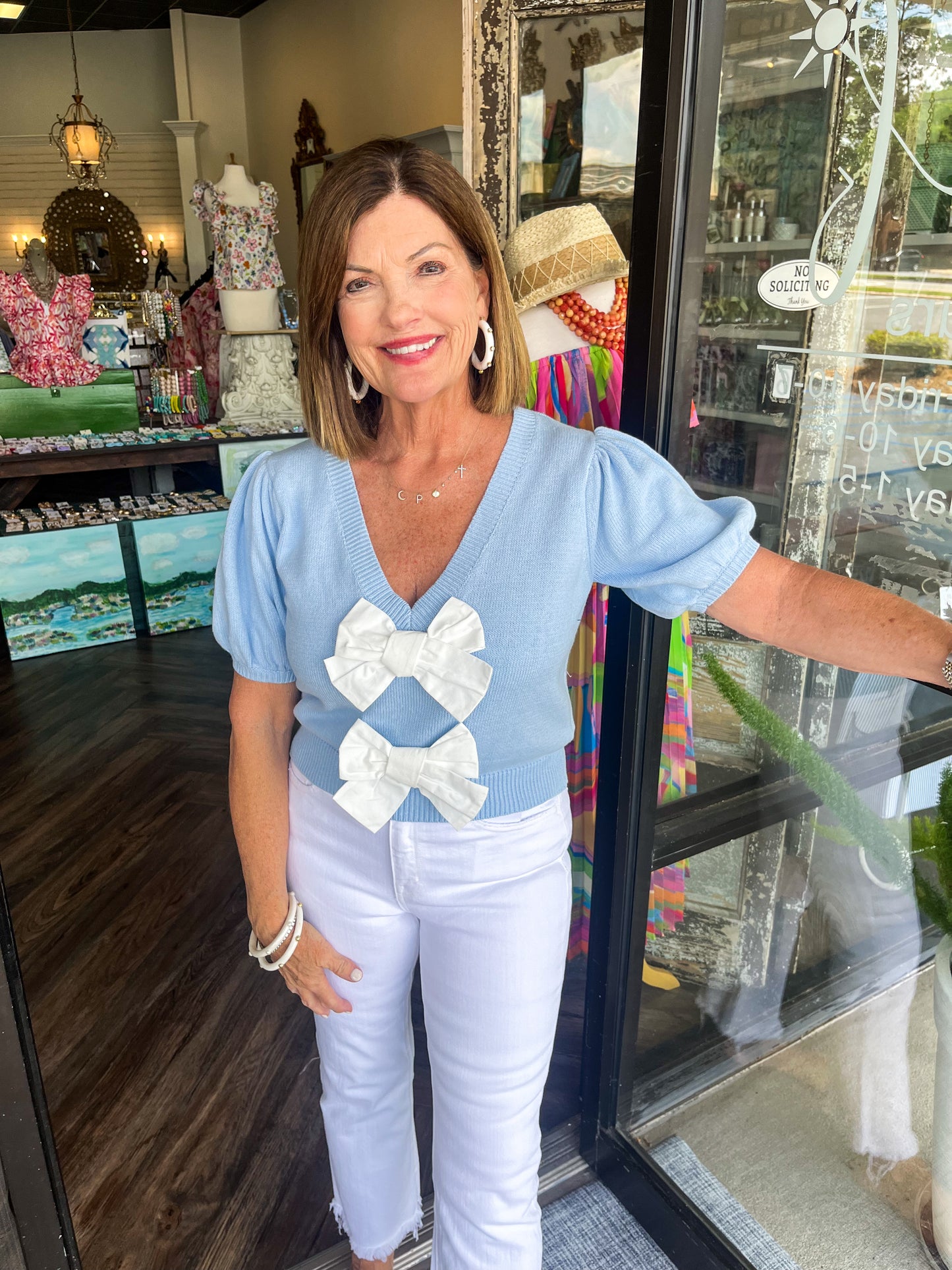 Blue Sweater Bow Top